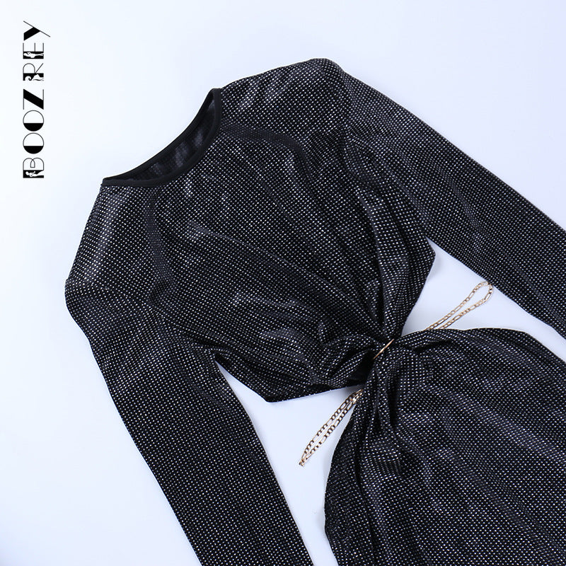 BoozRey Black Sexy Hollow Out Mini Wrap Dress for Women Summer Rave Festival Outfits Shoulder Pads Long Sleeves Skinny Dresses