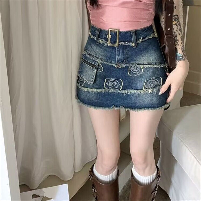 Deeptown Vintage Denim Short Skirt Women Sexy Y2k Floral Coquette Mini Skirts Sweet Retro Streetwear Casual A-line Jean Skirt