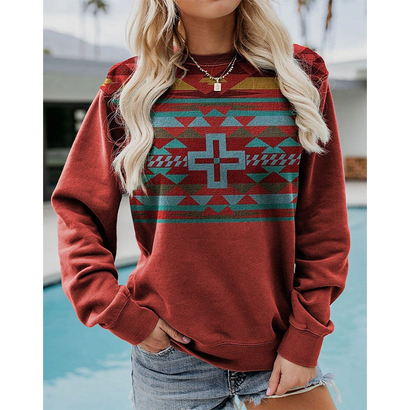 Autumn Winter Vintage Western Style Sweatshirt Women New Year 2022 Round Neck Long Sleeve Top Loose Casual Punk Pullover Hoodies