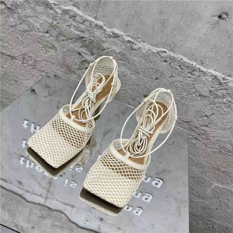 Female Square Toe High Heel Lace Up Cross-Tied Stiletto Hollow Dress Shoes New Sexy Mesh Pumps Sandals