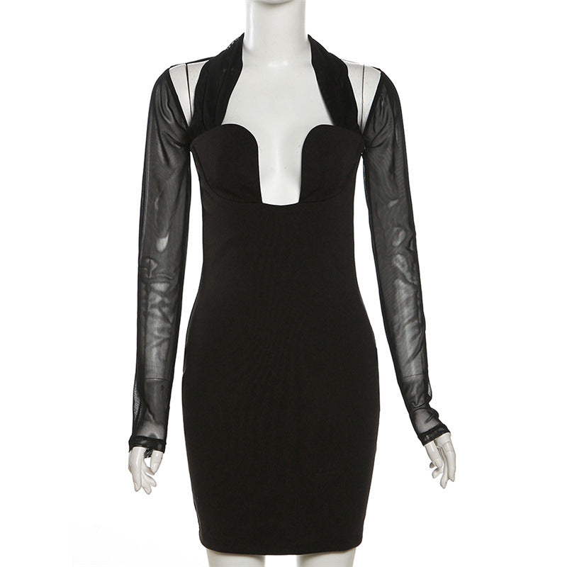 YUZHEXI Low V Halter Bodycon Black Party Dress Women Cold Shoulder Mesh Long Sleeve Elegant Short Robe