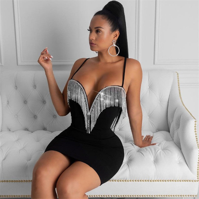Sexy nightclub suspender dress, rhinestone tassel V-neck sexy nightclub suspender dress, dress
