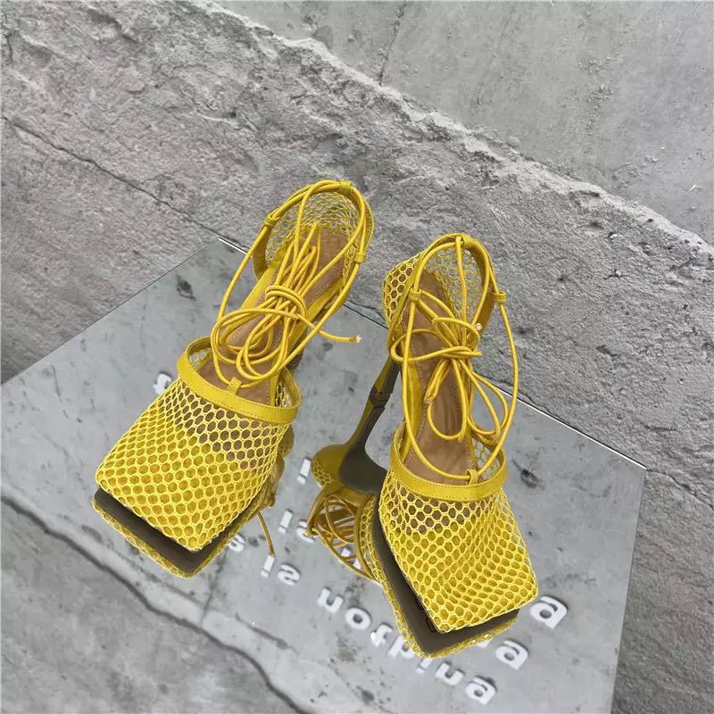 Female Square Toe High Heel Lace Up Cross-Tied Stiletto Hollow Dress Shoes New Sexy Mesh Pumps Sandals