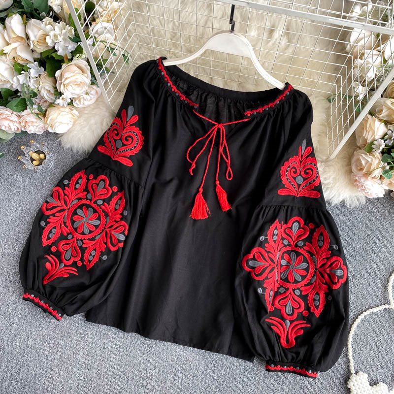 Travel Photographer Vintage Ethnic Style Heavy Industry Embroidered Lace-up Tassel V-neck Stylish Lantern Sleeve Top Women's Loose All-match
