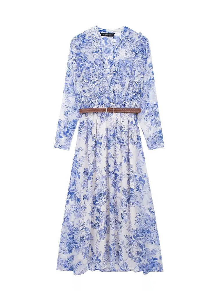 HH TRAF Women Floral Printed V-neck Long Dress Spring Elegant Pleated Chiffon Dresses with Belt Female Long Sleeve Midi Dress