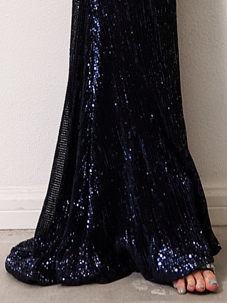 Evening dress for women, new European and American 2019 one-shoulder sexy and elegant sequined long-sleeved mopping cocktail party dress, one-shoulder sequined dress, one-shoulder dress, sequined dress, dress
