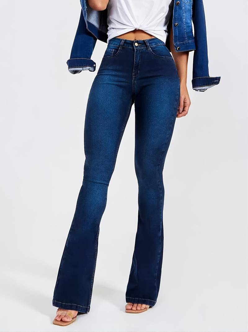 Stretchy High-Rise Skinny Bell Bottoms Dark Wash Flared Boot Cut Jean Pants Women's Clothing and Denim