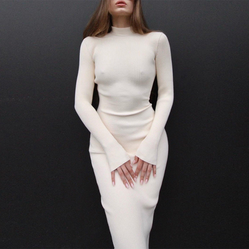 Women's High Collar Mid-length Pit Knitted Dress Solid Color Woolen Tight Sexy 2022 Autumn and Winter European and American Dress