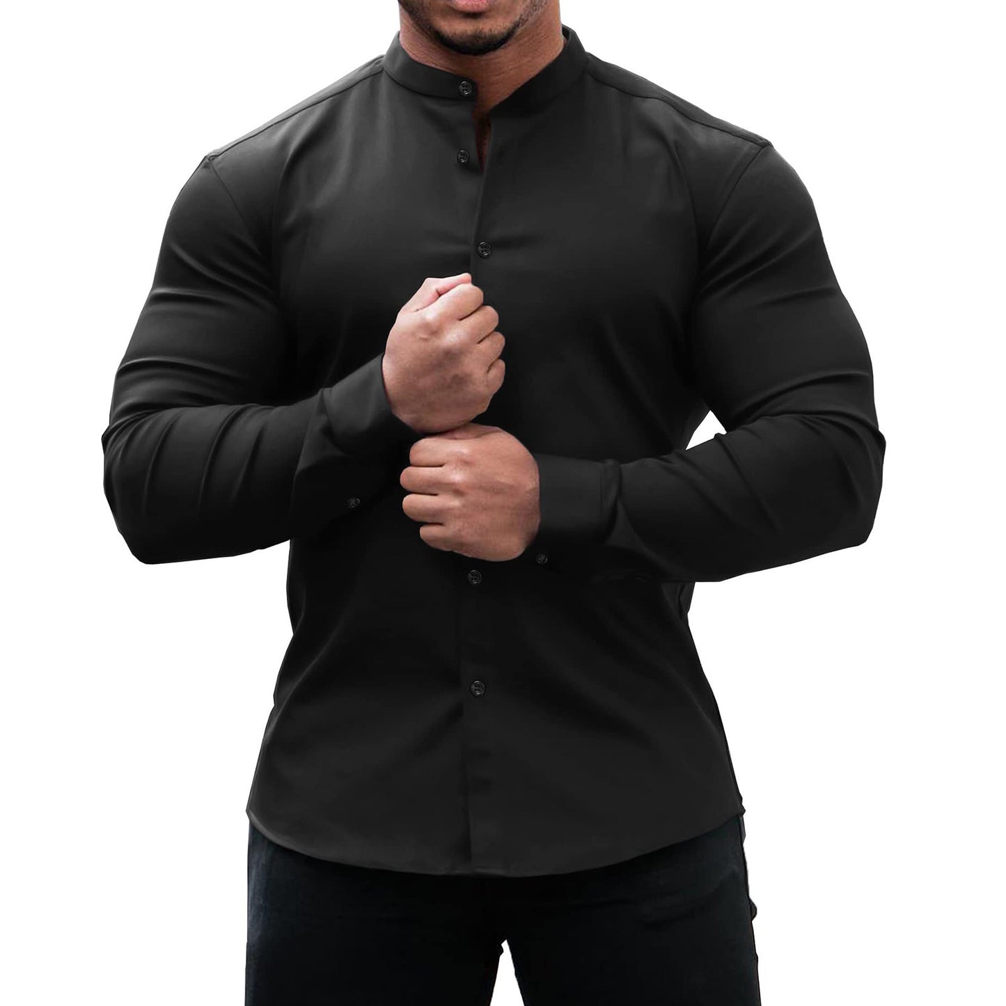 Men's Solid Color Sports Casual Cardigan Slim Fit Micro Elastic Long Sleeve Casual Button Shirt