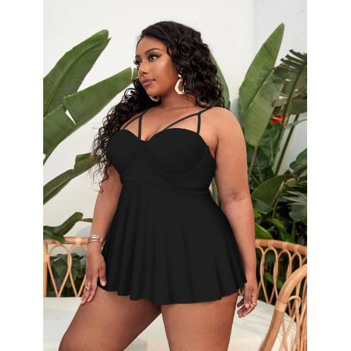 Plus Size Tropical Print Cut Out Top & Panties Swimsuit Set, Women's Plus High Stretch Casual Swimsuit 2pcs Set, Women Plus Size Two Piece Set