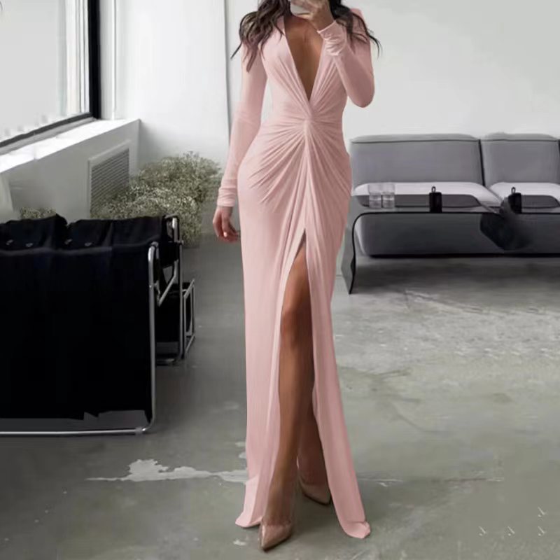 2023 Autumn New Bodycon Dresses For Women Luxury Designer Party Prom Deep V Neck Sexy Dress Hem Split Outfits Evening Vestidos
