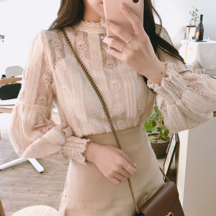 2021 Spring Lace Pullover Top Lantern Sleeve Long Sleeve Base Shirt Two-Piece Set