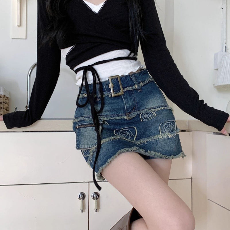 Deeptown Vintage Denim Short Skirt Women Sexy Y2k Floral Coquette Mini Skirts Sweet Retro Streetwear Casual A-line Jean Skirt