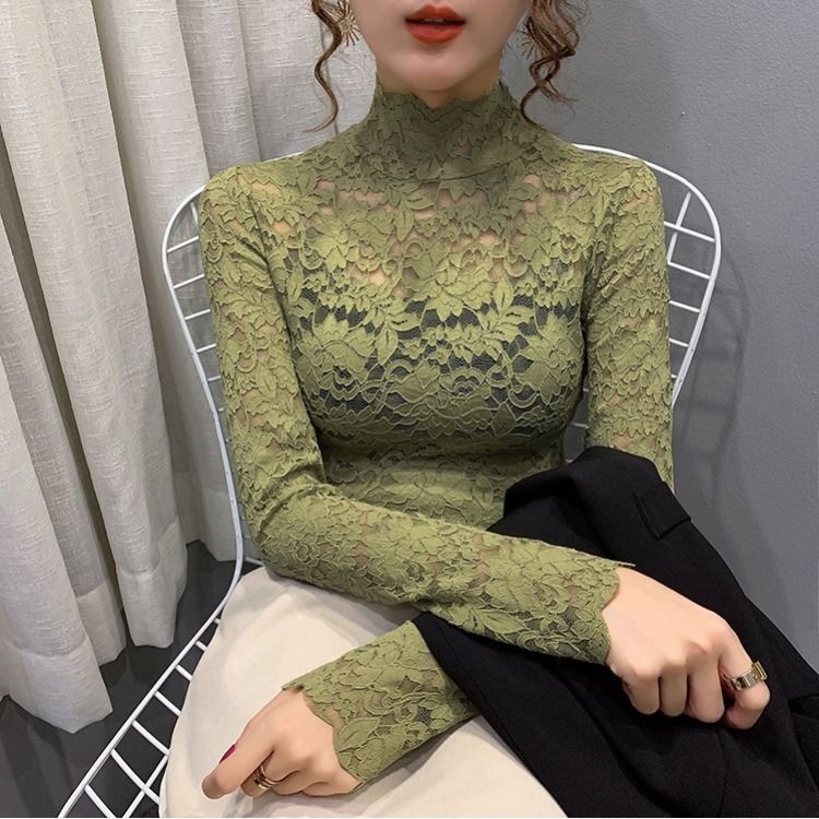 Lace Base Shirt Women's Four Seasons All-match High Collar Western Style Small Shirt Women's Top with Fake Neck Inner Vest Long Sleeve