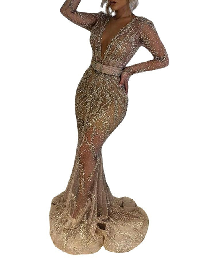 2020 new cross-border foreign trade women's clothing independent station ebay sexy sequined long sleeve banquet dress large swing dress New