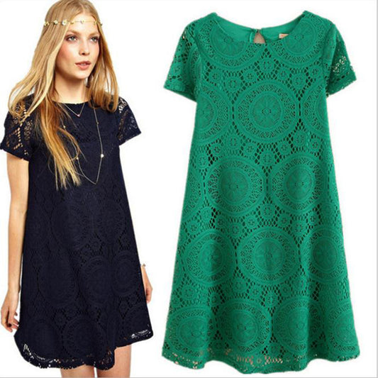 Summer large size women's dress, European and American dress, loose short sleeves, hollowed out kaleidoscope style, lace, a skirt.