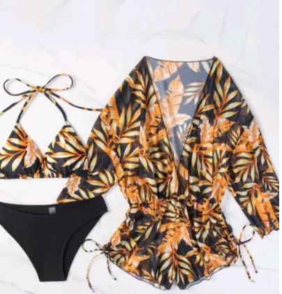 Sexy three-piece suit with elegant collar, printed waist and tie short skirt, foreign trade cross-border swimsuit