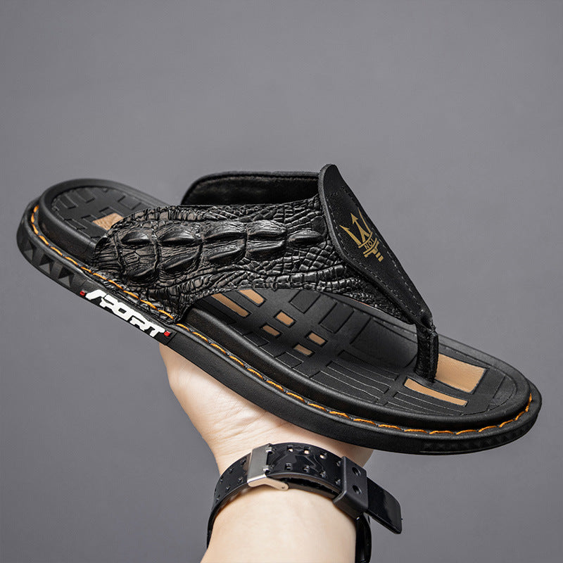 Cross-border Men's Sandals Slippers Genuine Leather Crocodile Pattern Slippers Large Size Breathable Shoes Foreign Trade Casual Men's Shoes Fashion Men's Word Slippers
