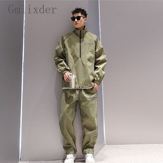 Trendy Letter Reflective Stand Collar Top Men's Korean Style 2024 Autumn Winter New Casual Pants Half-Zip Pullover Jacket Chic