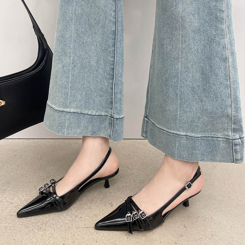 heels one-strap high heel shoes 2024 spring new fashion patent leather women's shoes pointed toe belt buckle stiletto heel sandals
