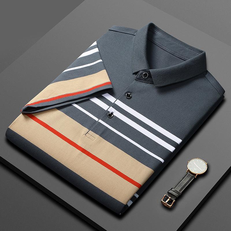 Pure Cotton Striped POLO Shirt Men's Light Business T-shirt Short-sleeved Men's POLO Stretch Patchwork Lapel Golf T-shirt