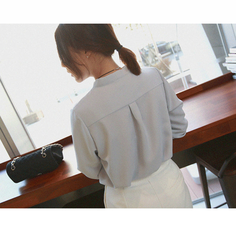 2023 Korean Style Deep V-neck OL Loose Women Tops Summer Long Sleeve White Shirt Office Lady Solid Chiffon Blouse Female 9382 50
