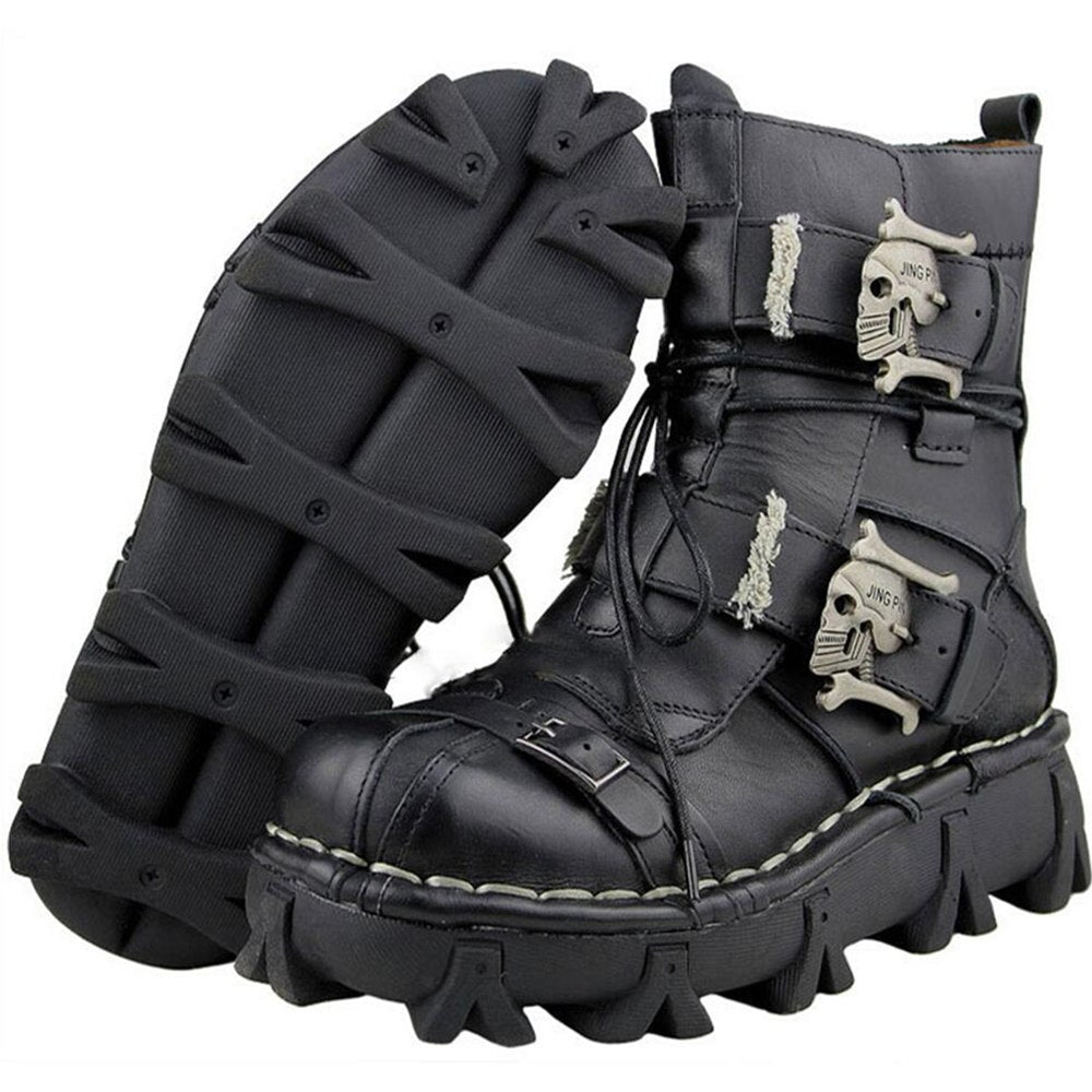 Men's Cowhide Genuine Leather Working Boots Military Combat Boots Gothic Skull Punk Motorcycle Martin Boots