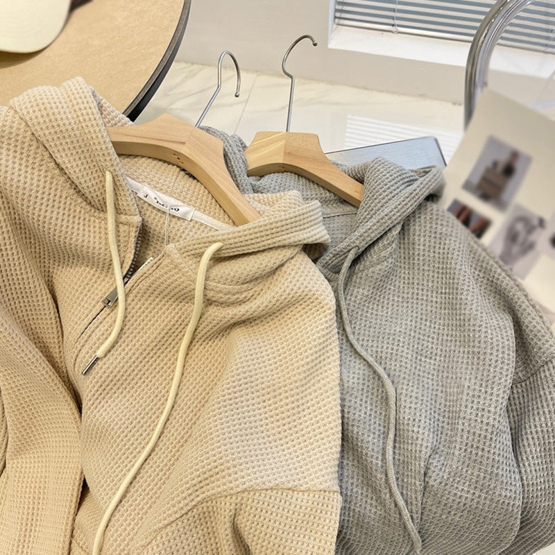 Women's Sweaters Cardigan Autumn and Winter Thermal Windproof Tops Waffle Zipper Pullovers