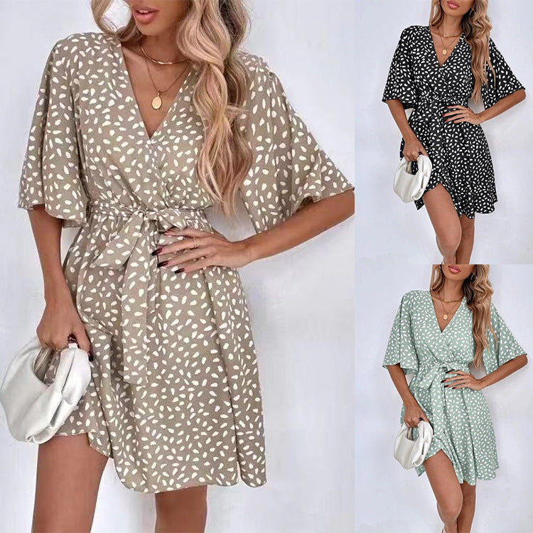 Summer Dresses For Women Allover Print Butterfly Sleeve Belted Dress V Neck Print Dress Mini Beach Wear Ruffles Dress