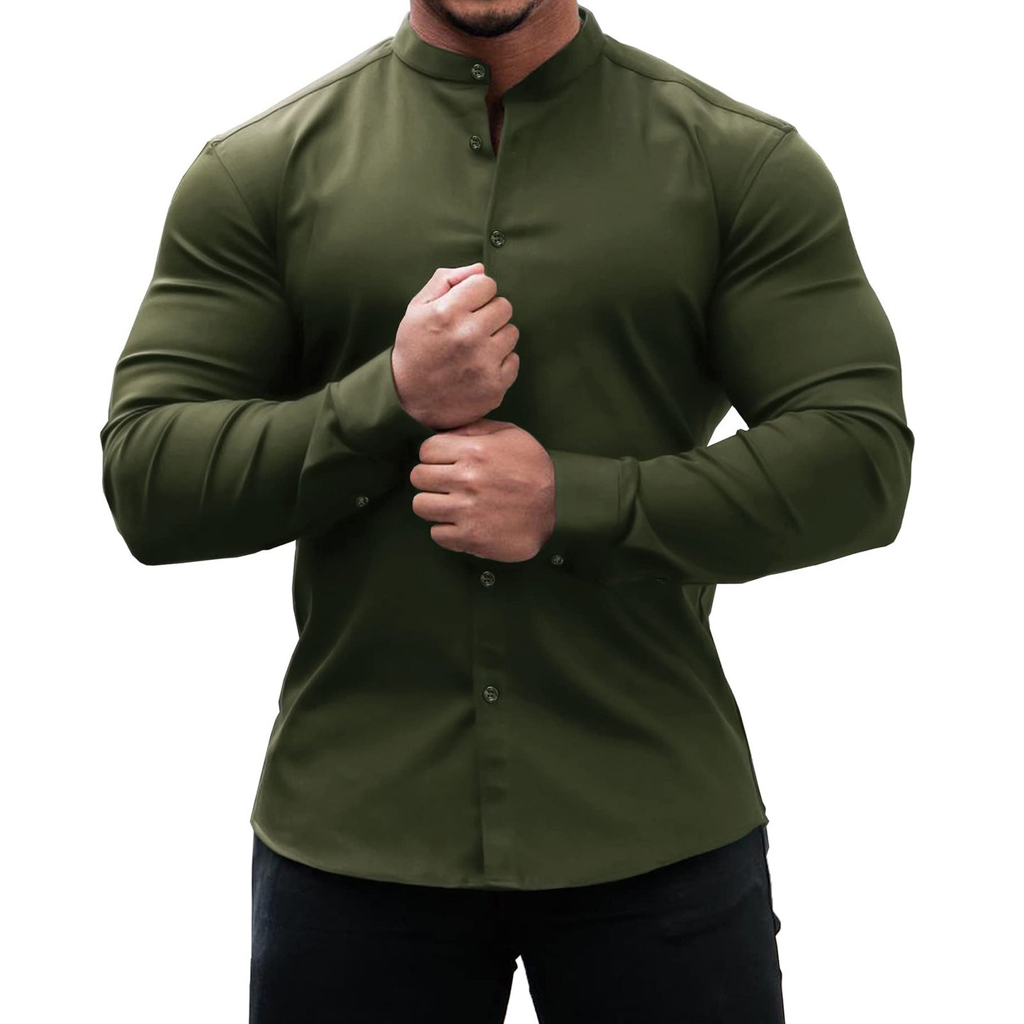Men's Solid Color Sports Casual Cardigan Slim Fit Micro Elastic Long Sleeve Casual Button Shirt