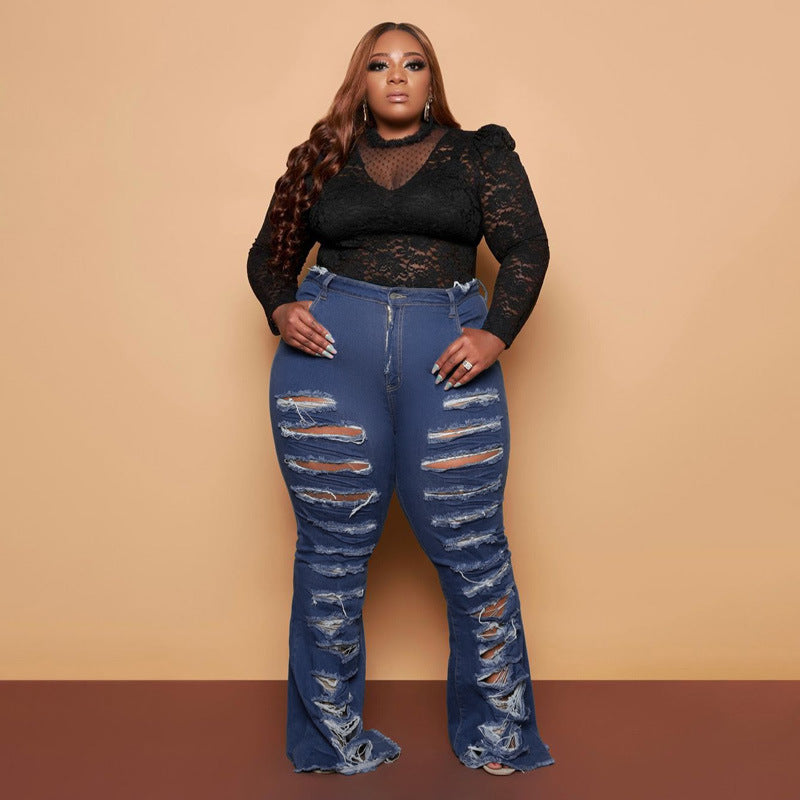 Plus Size Women Jean Summer Ripped Hole Denim Trouser Lady Fashion Solid Loose Pants Female Casual