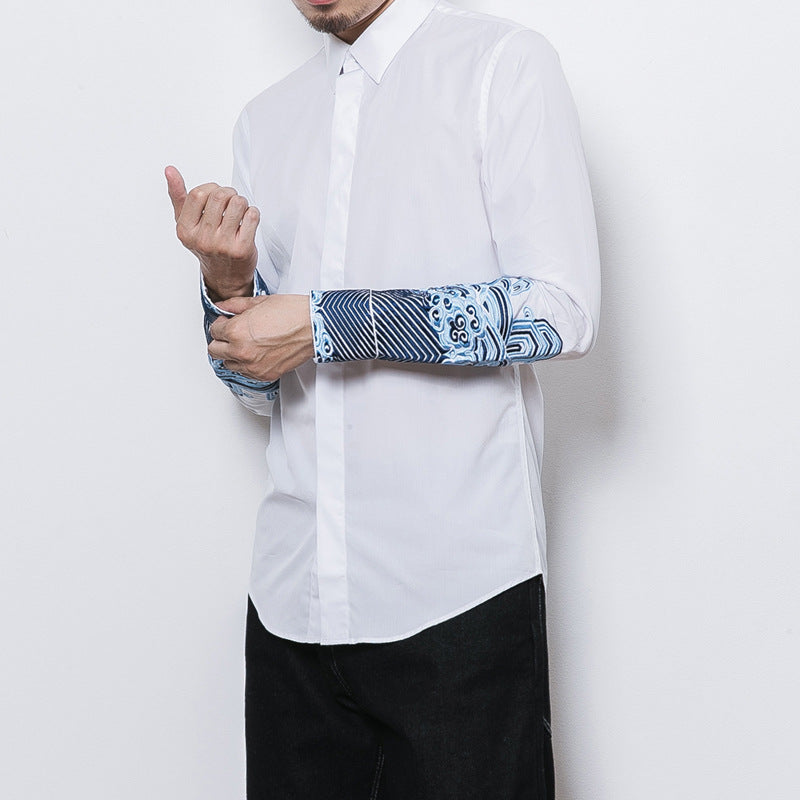 Spring and summer Chinese style embroidered thorn men's plus-size fat casual Tang style retro long-sleeved shirt undershirt youth, Chinese style embroidered thorn shirt, Tang style shirt, undershirt, shirt