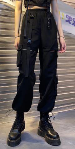 Streetwear Spring Summer Cargo Pants Women Harajuku Slim Punk Ribbons Joggers Elastic Waist Ankle-Length Trousers For Girls