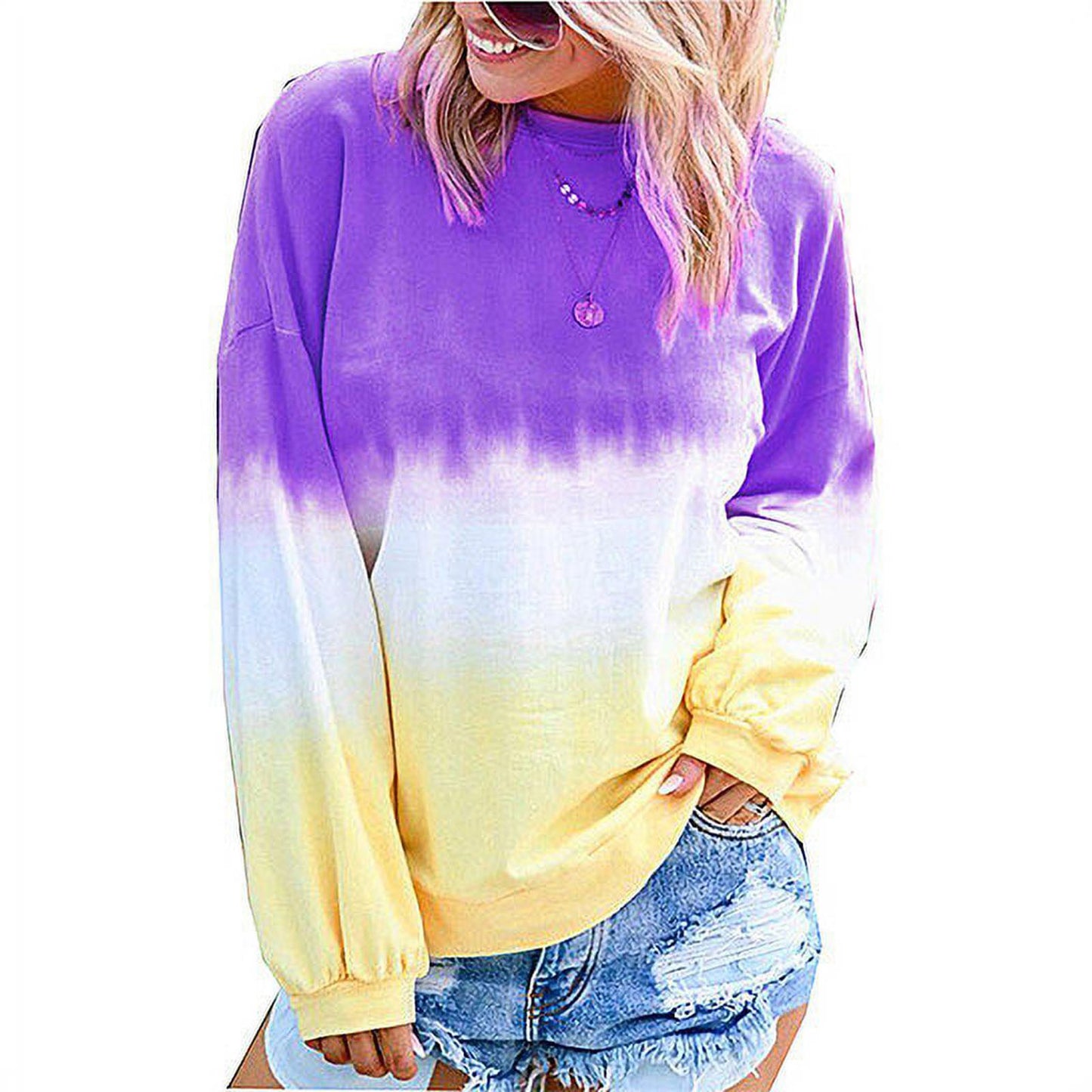 Women's Autumn and Winter Top Rainbow Gradient Print Long sleeved Sweatshirt Sweats Casual O-Neck Gradient Contrast Color