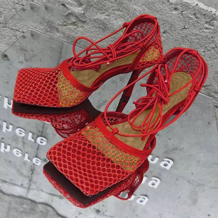 Female Square Toe High Heel Lace Up Cross-Tied Stiletto Hollow Dress Shoes New Sexy Mesh Pumps Sandals
