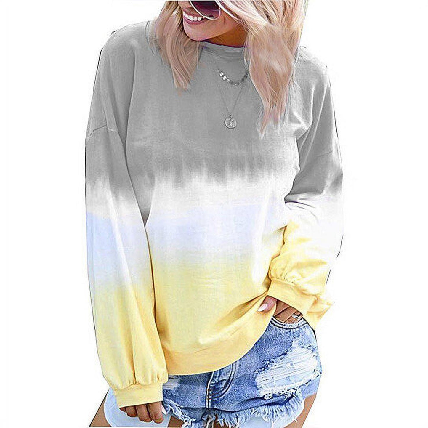 Women's Autumn and Winter Top Rainbow Gradient Print Long sleeved Sweatshirt Sweats Casual O-Neck Gradient Contrast Color