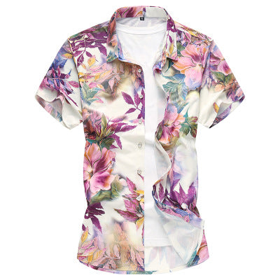 Summer new large size men's short sleeve casual flower shirt wild