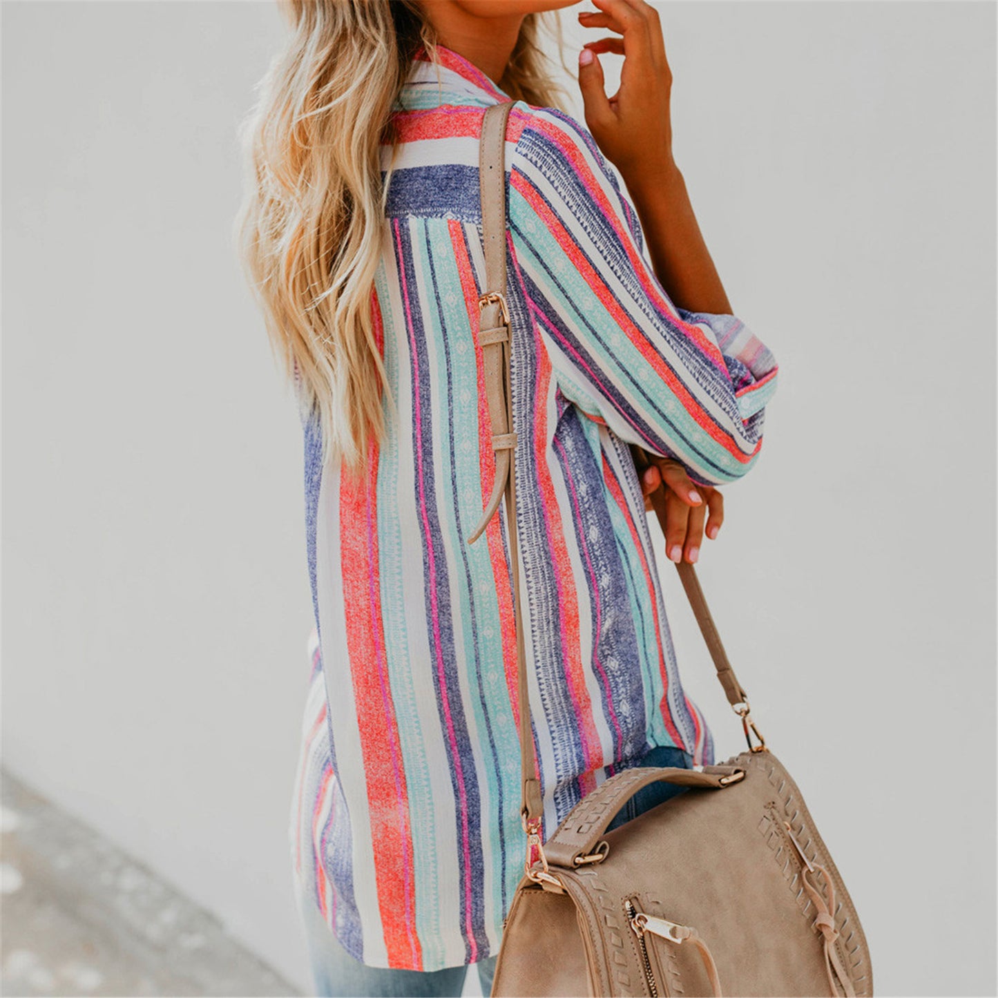 Autumn and Winter New European and American Fashion Colorful Stripe Large Shirt