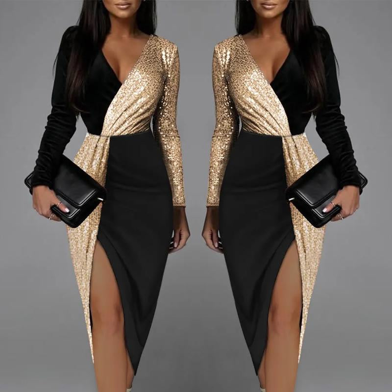 Sexy Elegant Black Luxury Prom Cocktail Party Evening Chic Dresses Women Long Sleeve Deep V-neck Bodycon Dress Clothes
