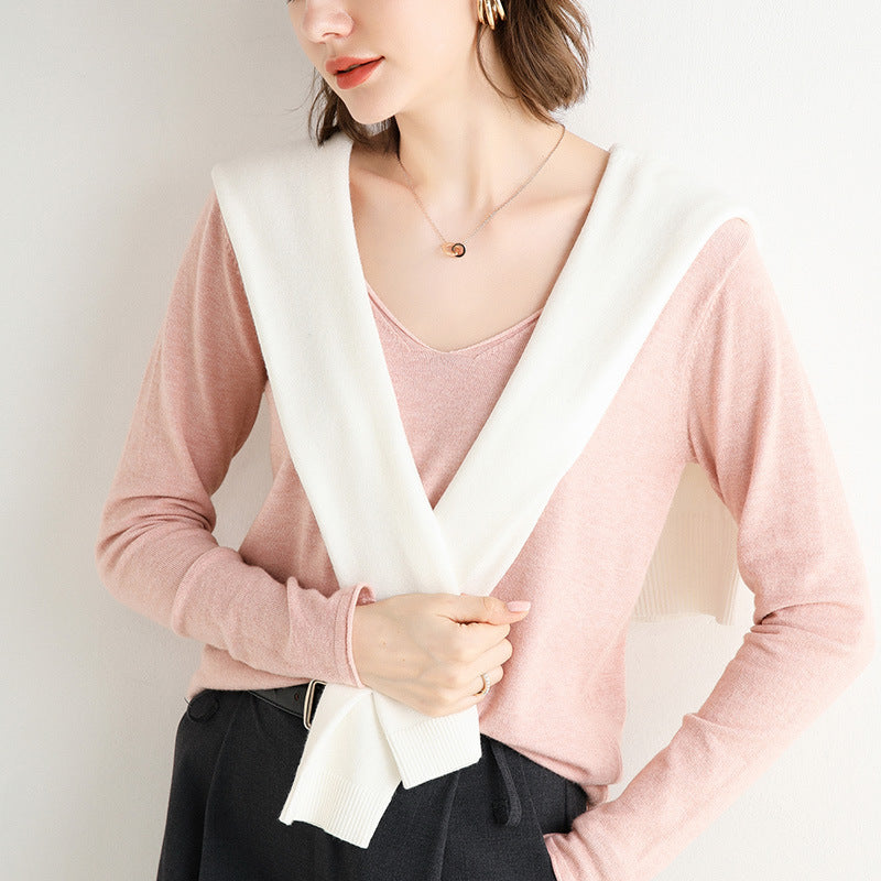 Korean version 2020 autumn and winter Korean version new v-neck loose sweater women's long-sleeved solid color inner pullover knitted bottoming shirt, v-neck loose sweater women, solid color inner pullover knitted