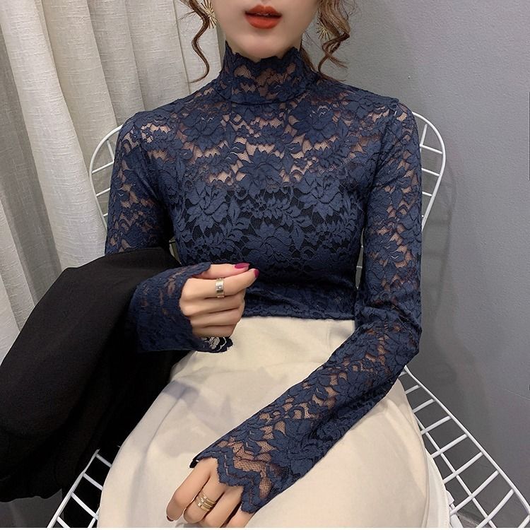Lace Base Shirt Women's Four Seasons All-match High Collar Western Style Small Shirt Women's Top with Fake Neck Inner Vest Long Sleeve
