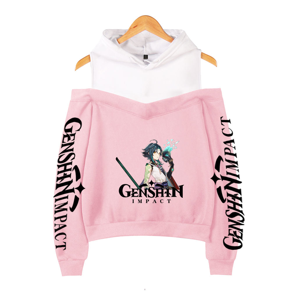 Genshin Impact Hoodies Women's Off-shoulder Hoodie Sweatshirt Autumn Winter Hoodie Harajuku Cartoon Xiao Off-shoulder Sweatshirt