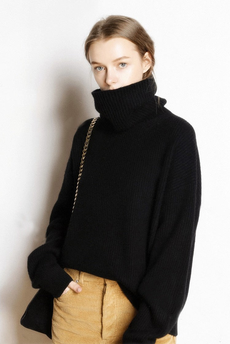 Autumn and winter European and American women's sweater high collar solid color cashmere sweater thick pullover loose lazy style base knitted sweater, base knitted sweater, sweater