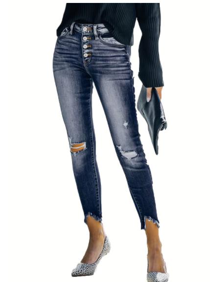 Women's Stone Wash Distressed Blue Jeans - Mid-Rise Knee Cut Raw Hem Skinny Jean Pants