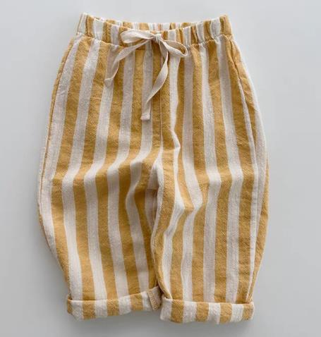 Vintage Linen Cotton Stripe Pants for Boys Casual Pocket Design Elastics Waist Pants for Toddler Girl Clothing Children Trousers