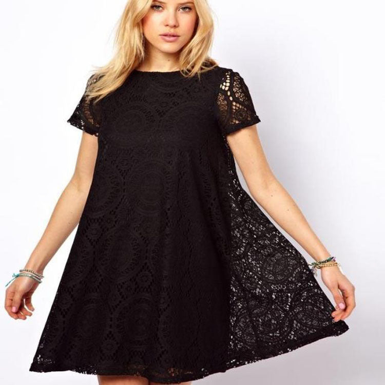 Summer large size women's dress, European and American dress, loose short sleeves, hollowed out kaleidoscope style, lace, a skirt.