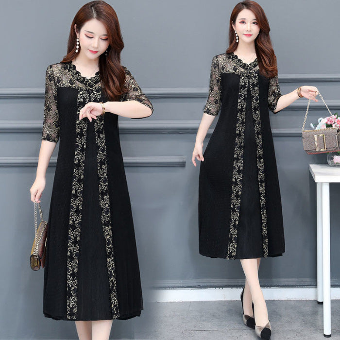Temperament dress loose five-point sleeves lace women's large size large swing long skirt