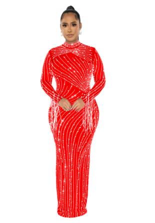 Women's Mesh See-through Rhinestone Long Sleeve Dress Lining Two-piece Set