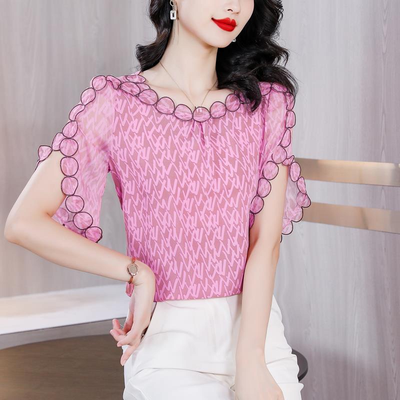 Summer 2023 New Arrival Embroidered Stitching Design Sense Chiffon Shirt Women's Short Sleeve Loose Belly-Covering Slimming Top