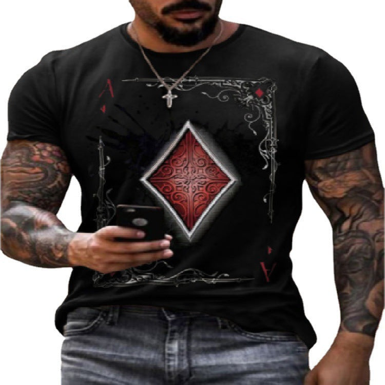 Men's Fashion Casual Simple Playing Card Printing Round Neck Short Sleeve T-Shirt Summer